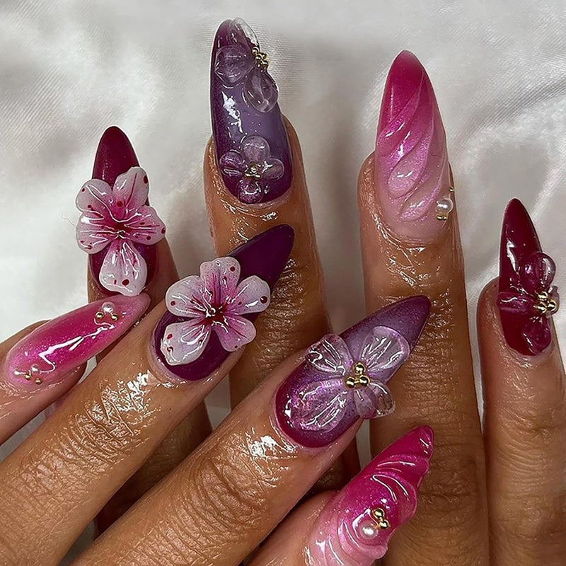 ASABITE 24 Pcs Almond Press on Nails Medium Length Fake Nails with Glue 3D Flower Nails Acrylic Nails Press ons Artificial Nails Spring Summer Glue on Nails Reusable False Nails Manicure for Women - Image 1